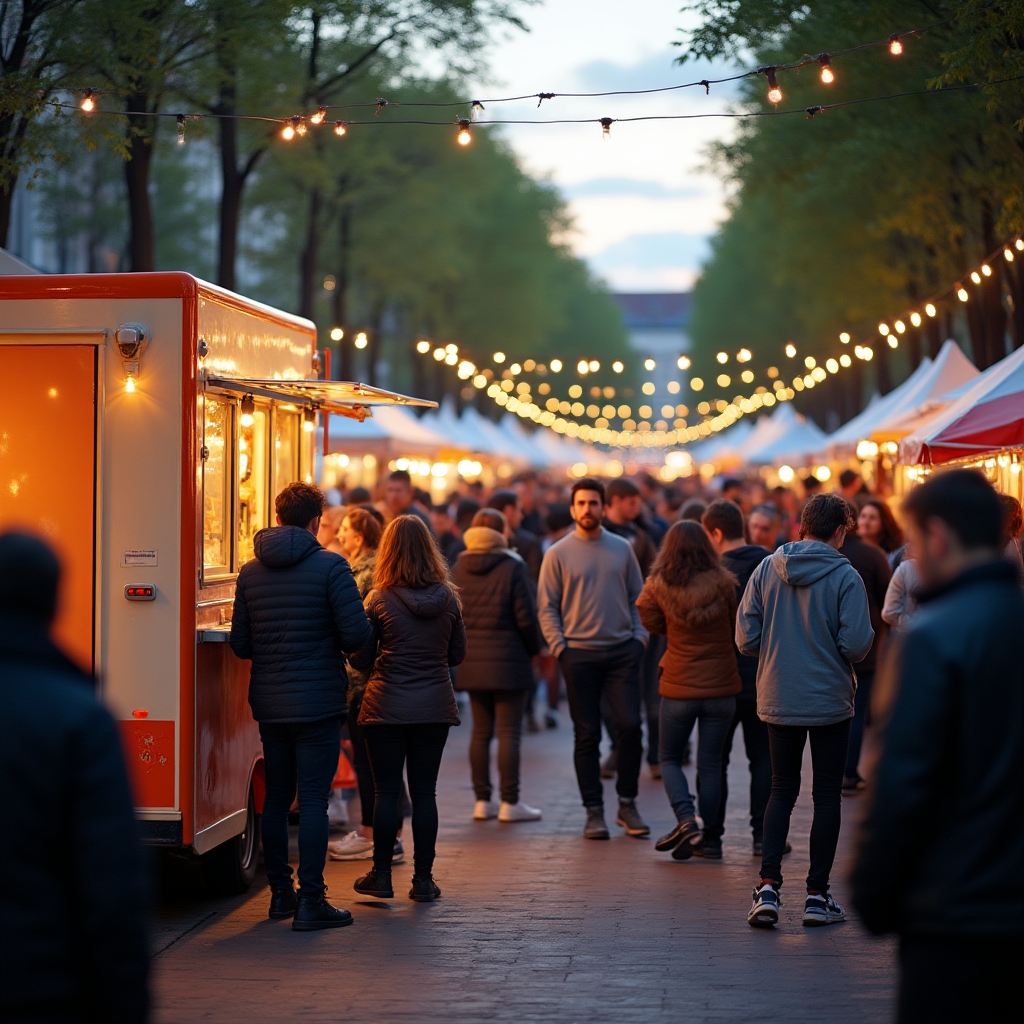 Foodtruck auf einem belebten Stadtfest mit wartenden Gästen