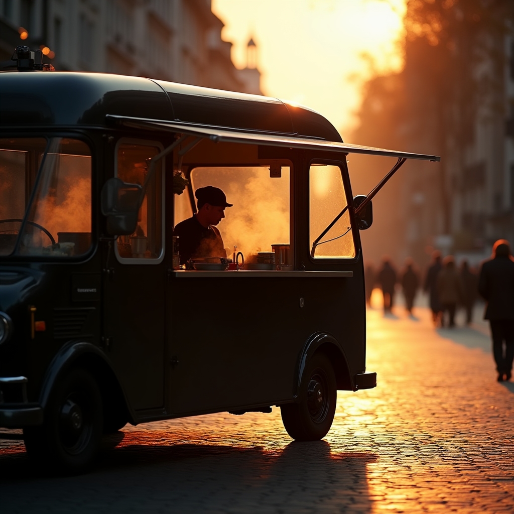 Foodtruck auf einer belebten Stadtstraße bei Abendlicht