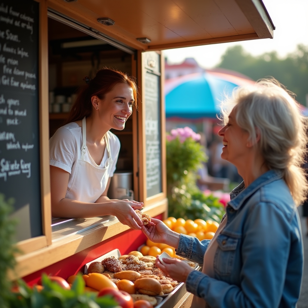 Foodtruck auf einem Wochenmarkt neben anderen Anbietern