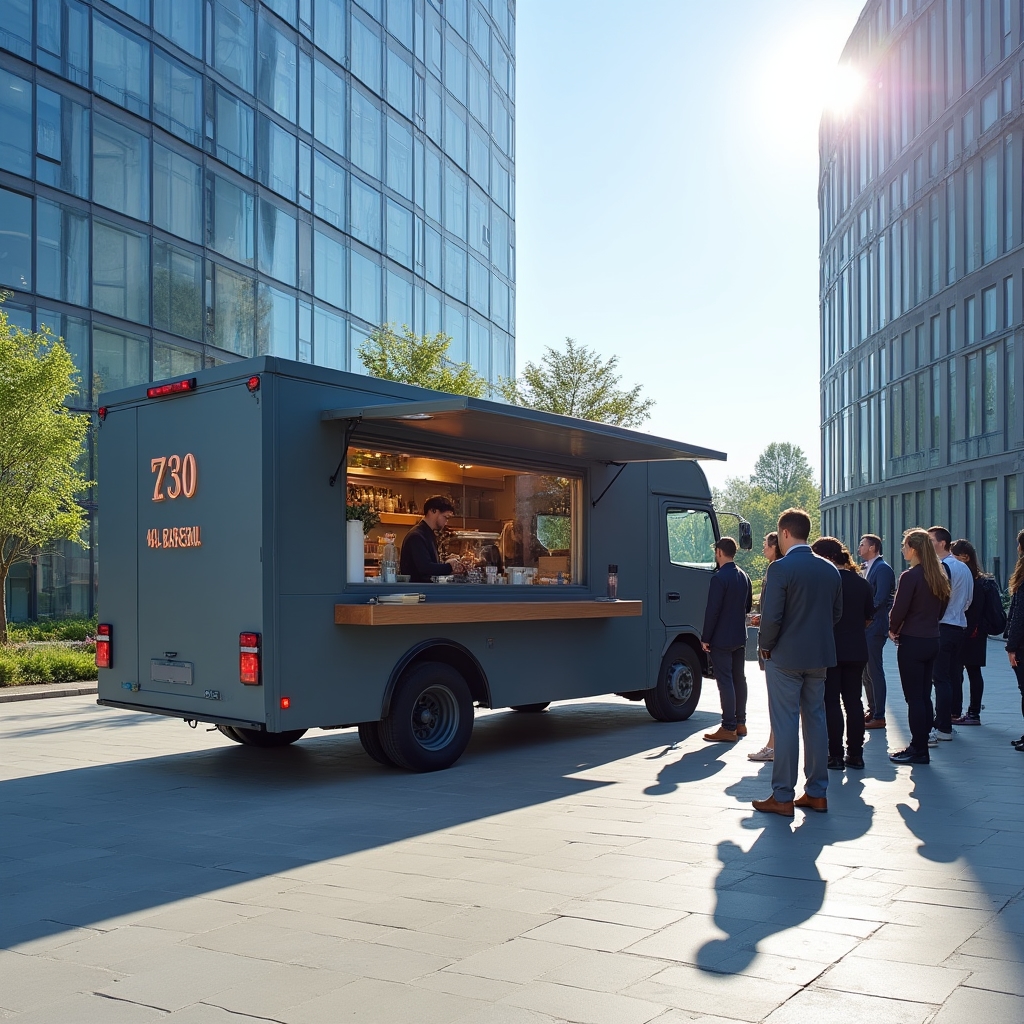 Foodtruck auf einem Firmenparkplatz bei Mittagszeit